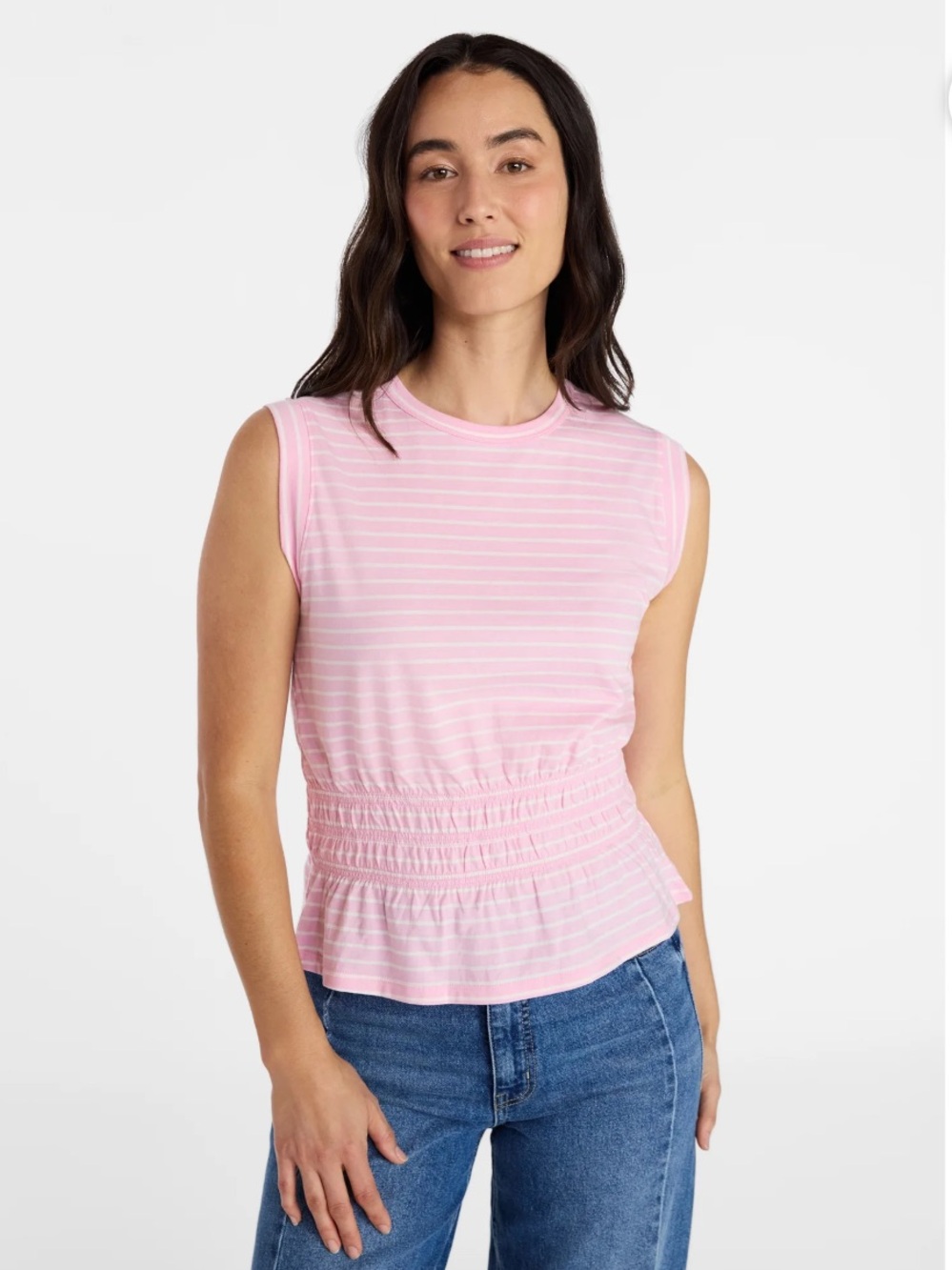 Time and Tru Pink Striped Smocked-Waist Tank